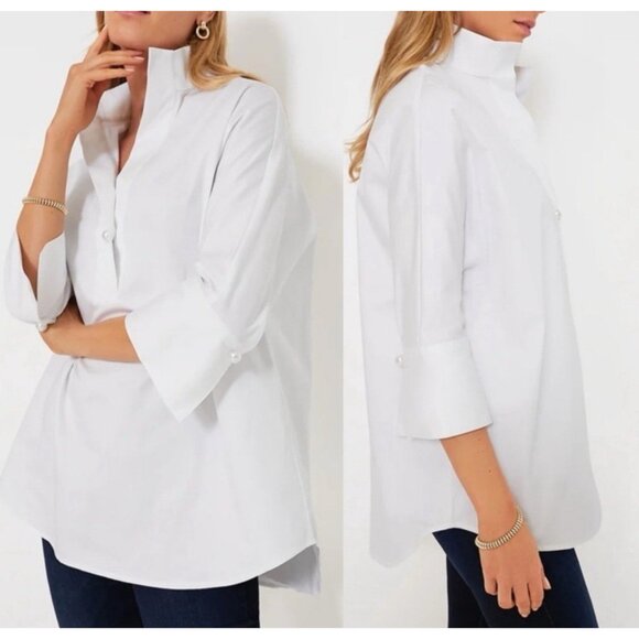 Tuckernuck Blanc Willow Blouse Sz M White Tunic Top Pearl Buttons 3/4 Sleeve - Picture 1 of 11